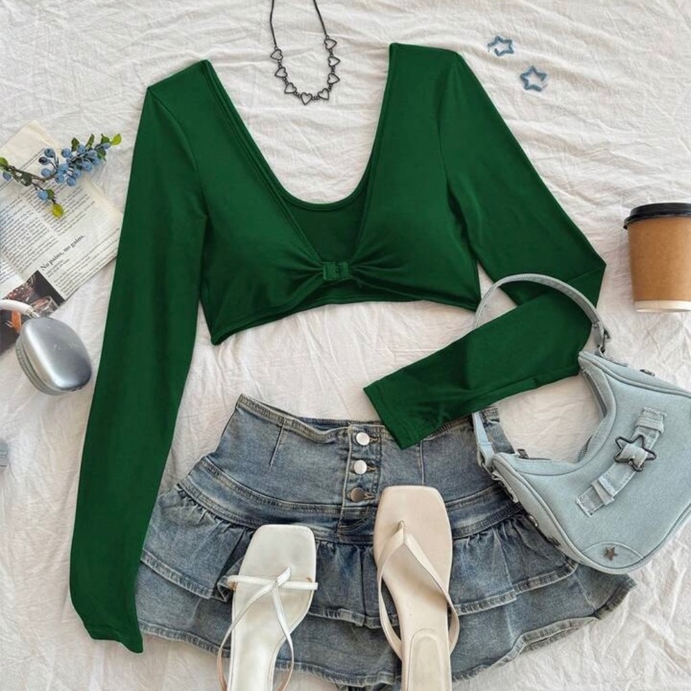 Green Front Closure Cropped Long Sleeve